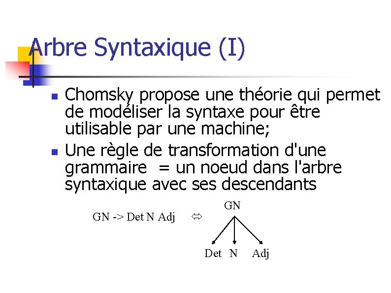 Arbre Syntaxique (I) n n Chomsky propose une théorie qui permet de modéliser la