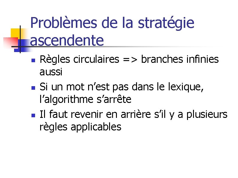 Problèmes de la stratégie ascendente n n n Règles circulaires => branches infinies aussi