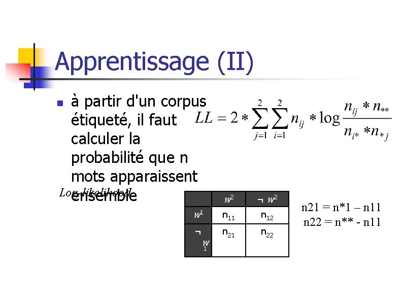 Apprentissage (II) à partir d'un corpus étiqueté, il faut calculer la probabilité que n