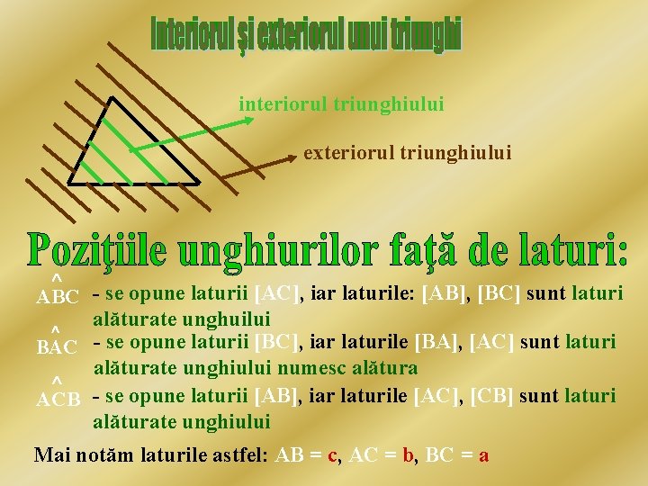 interiorul triunghiului exteriorul triunghiului Ù ABC - se opune laturii [AC], iar laturile: [AB],