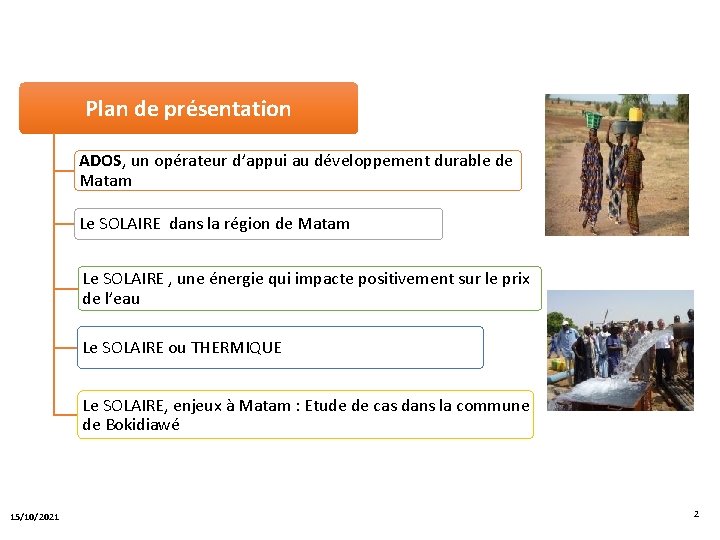 Plan de présentation ADOS, un opérateur d’appui au développement durable de Matam Le SOLAIRE