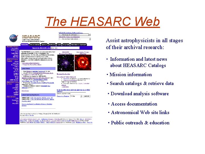 The HEASARC Web Assist astrophysicists in all stages of their archival research: • Information