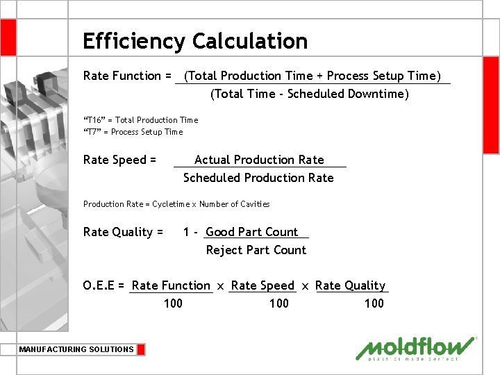 Efficiency Calculation Rate Function = (Total Production Time + Process Setup Time) (Total Time