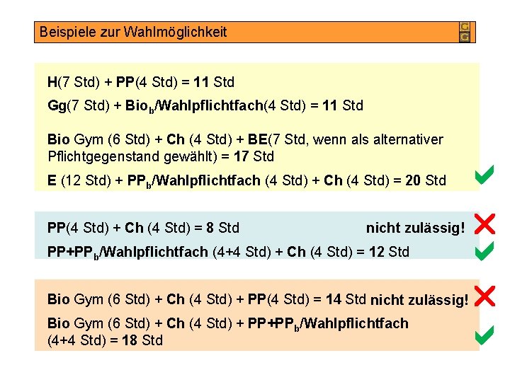 Beispiele zur Wahlmöglichkeit H(7 Std) + PP(4 Std) = 11 Std Gg(7 Std) +