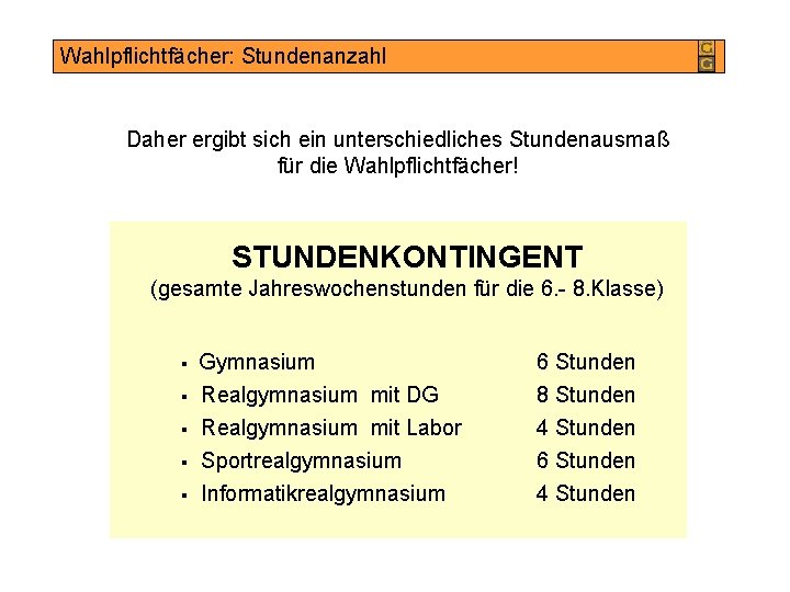 Wahlpflichtfächer: Stundenanzahl Daher ergibt sich ein unterschiedliches Stundenausmaß für die Wahlpflichtfächer! STUNDENKONTINGENT (gesamte Jahreswochenstunden