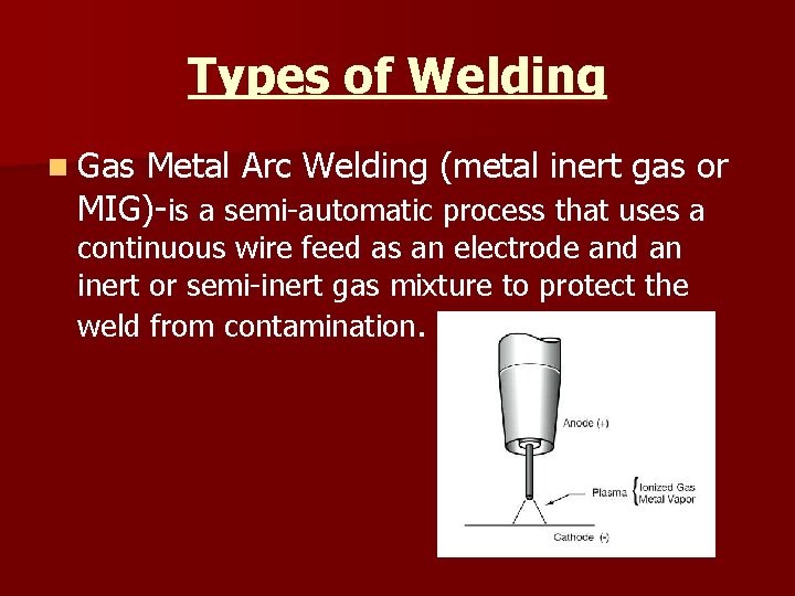 Types of Welding n Gas Metal Arc Welding (metal inert gas or MIG)-is a