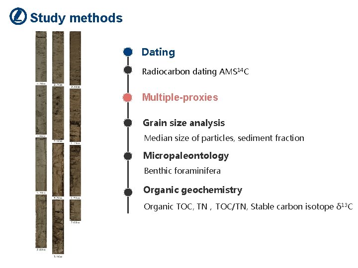 Study methods Dating Radiocarbon dating AMS 14 C Multiple-proxies Grain size analysis Median size