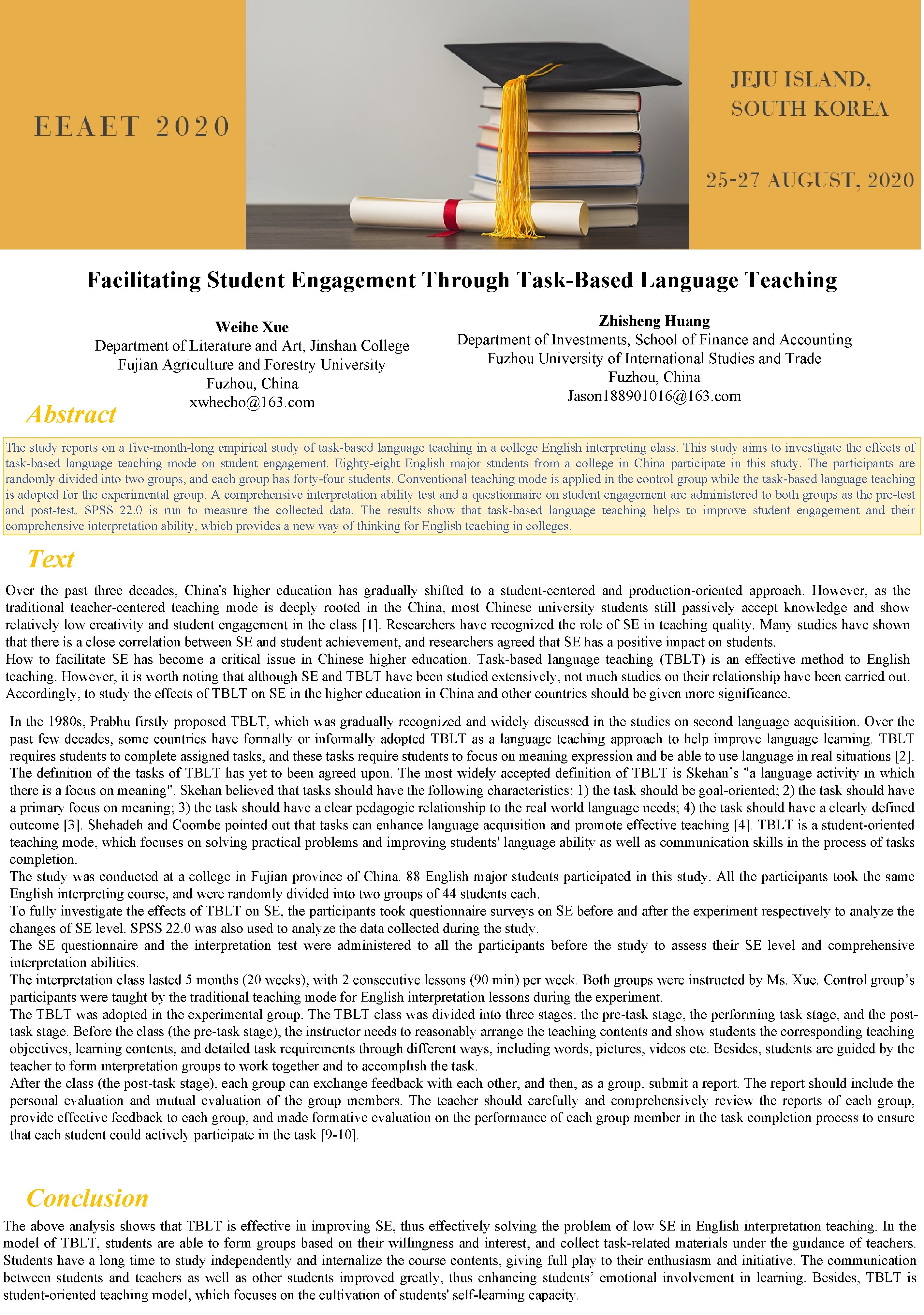 Facilitating Student Engagement Through Task-Based Language Teaching Weihe Xue Department of Literature and Art,