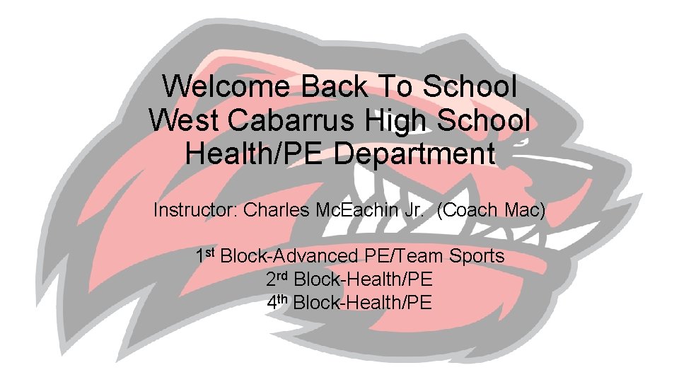 Welcome Back To School West Cabarrus High School Health/PE Department Instructor: Charles Mc. Eachin