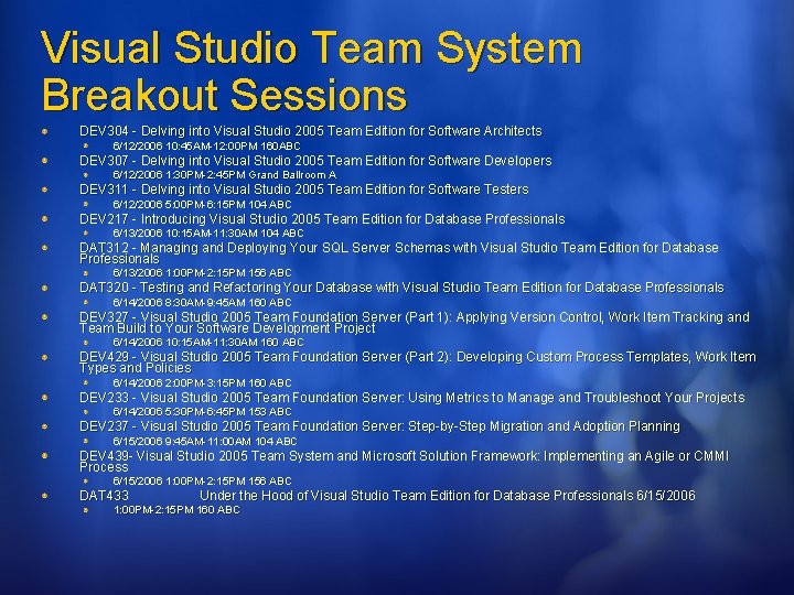 Visual Studio Team System Breakout Sessions DEV 304 - Delving into Visual Studio 2005