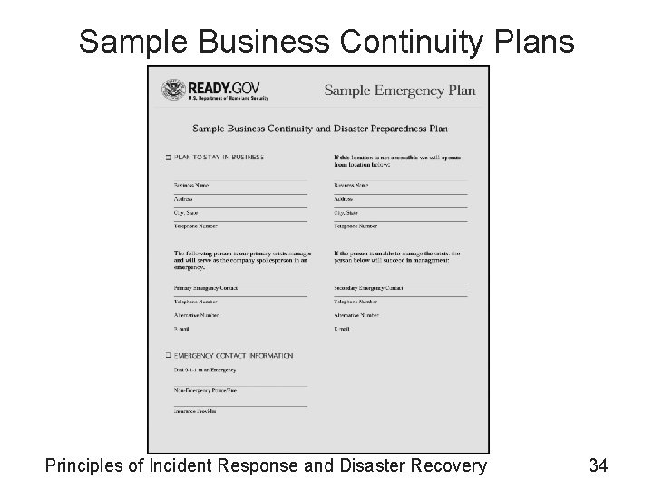 Sample Business Continuity Plans Principles of Incident Response and Disaster Recovery 34 