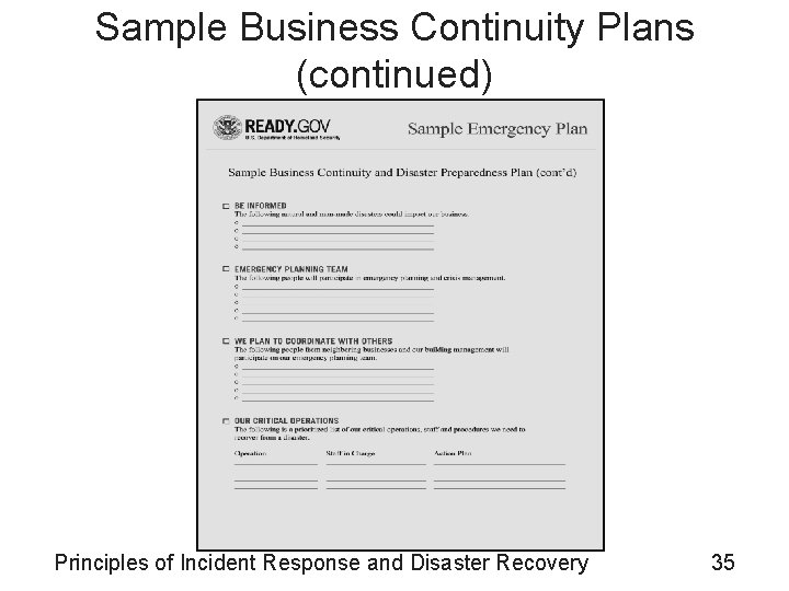 Sample Business Continuity Plans (continued) Principles of Incident Response and Disaster Recovery 35 