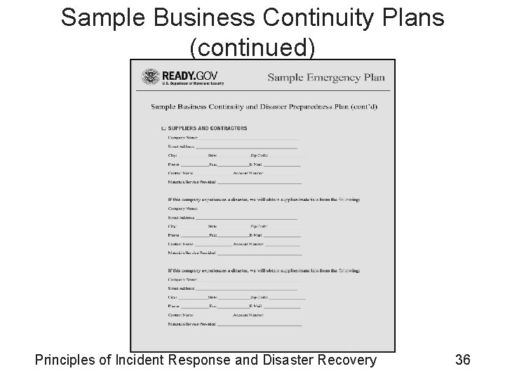 Sample Business Continuity Plans (continued) Principles of Incident Response and Disaster Recovery 36 