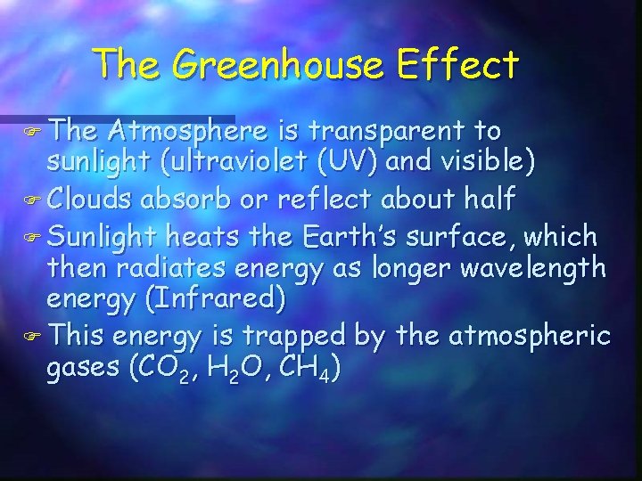 The Greenhouse Effect F The Atmosphere is transparent to sunlight (ultraviolet (UV) and visible)