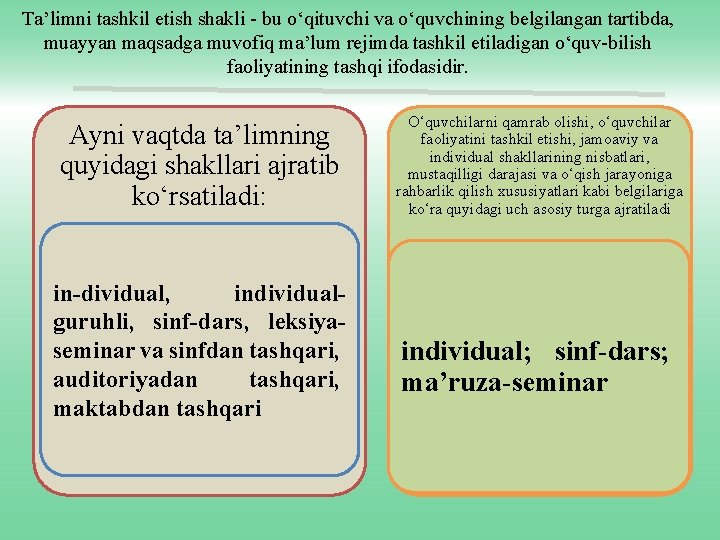 Ta’limni tashkil etish shakli - bu o‘qituvchi va o‘quvchining belgilangan tartibda, muayyan maqsadga muvofiq