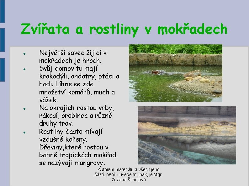 Zvířata a rostliny v mokřadech Největší savec žijící v mokřadech je hroch. Svůj domov