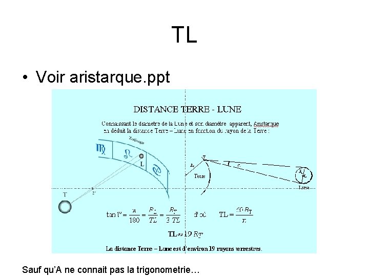 TL • Voir aristarque. ppt Sauf qu’A ne connait pas la trigonometrie… 