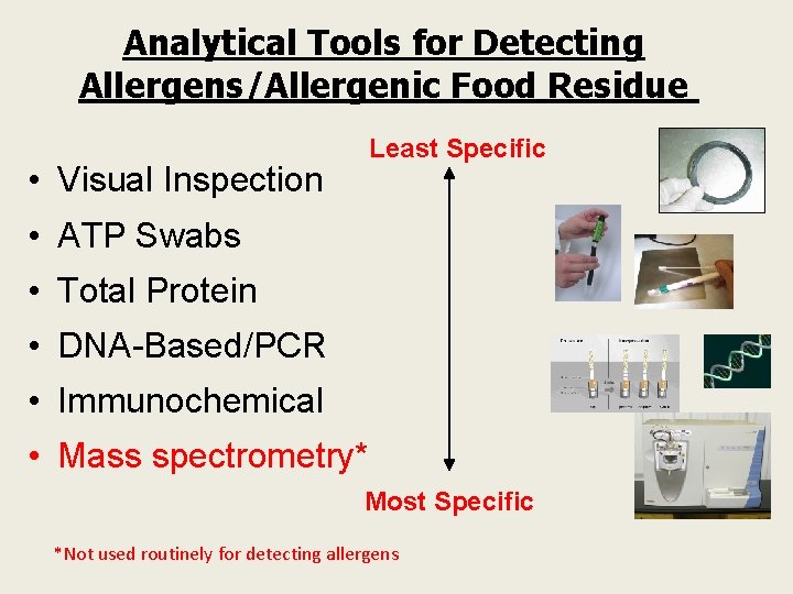 Analytical Tools for Detecting Allergens/Allergenic Food Residue Least Specific • Visual Inspection • ATP