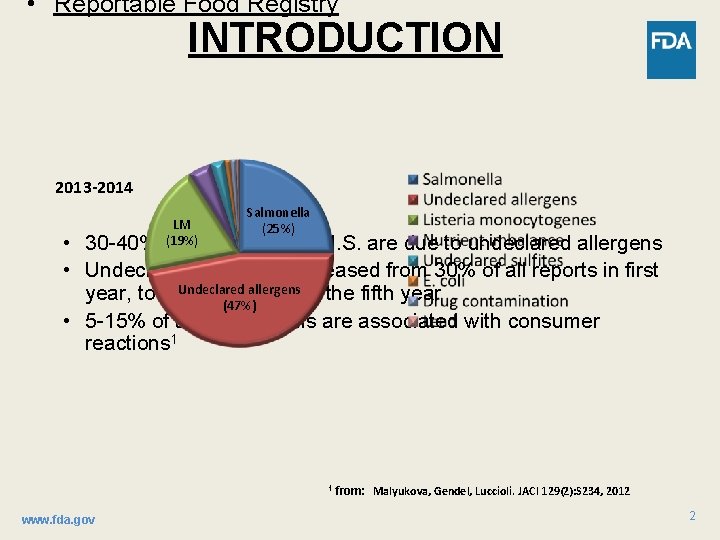  • Reportable Food Registry INTRODUCTION 2013 -2014 LM (19%) of total Salmonella (25%)