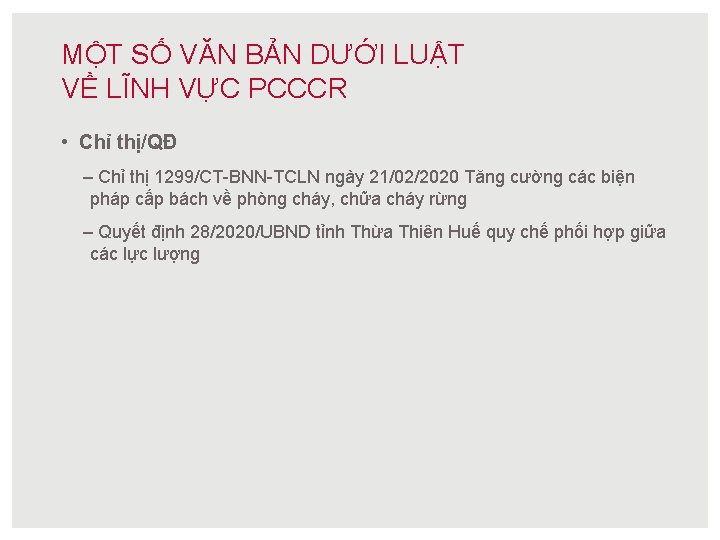 MỘT SỐ VĂN BẢN DƯỚI LUẬT VỀ LĨNH VỰC PCCCR • Chỉ thị/QĐ –