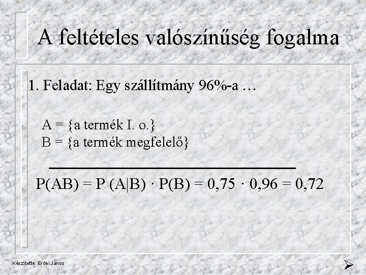 A feltételes valószínűség fogalma 1. Feladat: Egy szállítmány 96%-a … A = a termék