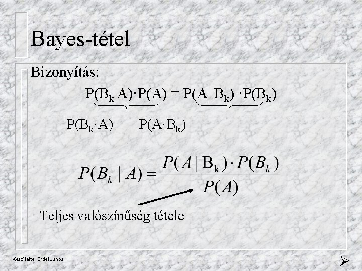 Bayes-tétel Bizonyítás: P(Bk|A)·P(A) = P(A| Bk) ·P(Bk) P(Bk·A) P(A·Bk) Teljes valószínűség tétele Készítette: Erdei