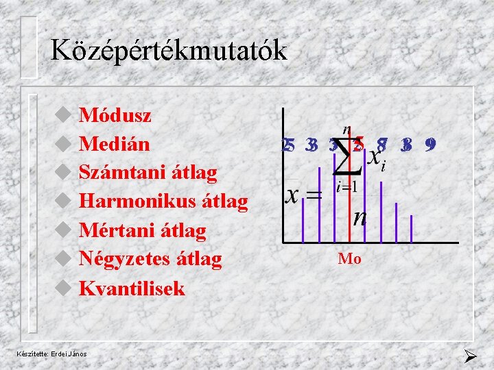 Középértékmutatók Módusz Medián Számtani átlag Harmonikus átlag Mértani átlag Négyzetes átlag 25 33 73