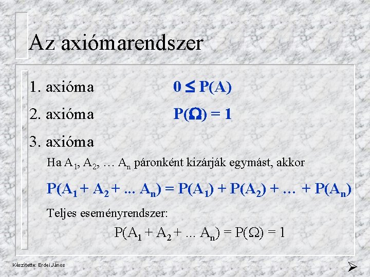 Az axiómarendszer 1. axióma 0 P(A) 2. axióma P( ) = 1 3. axióma