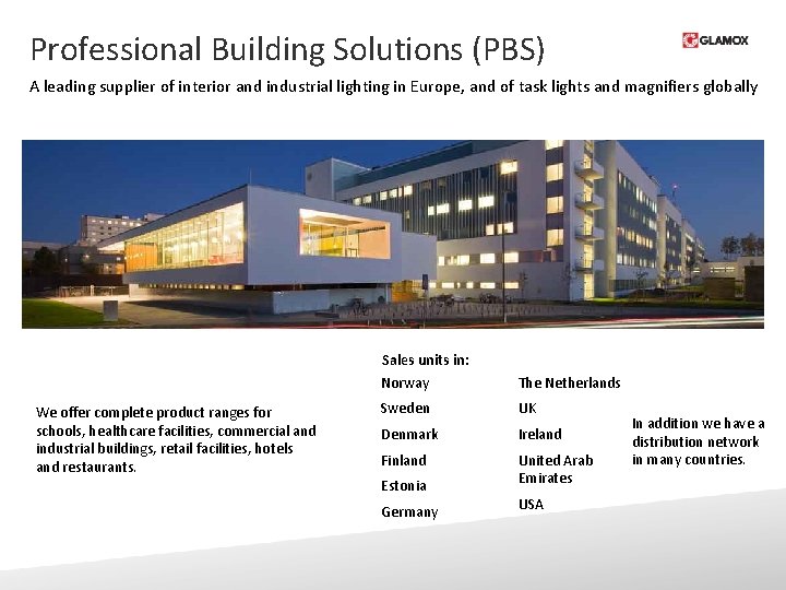 Professional Building Solutions (PBS) A leading supplier of interior and industrial lighting in Europe,