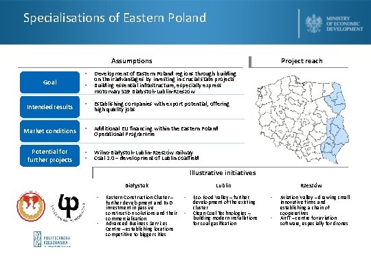 Specialisations of Eastern Poland Assumptions • Project reach Development of Eastern Poland regions through