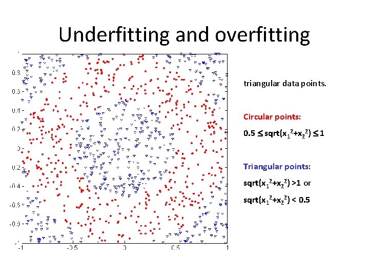 Underfitting and overfitting 500 circular and 500 triangular data points. Circular points: 0. 5