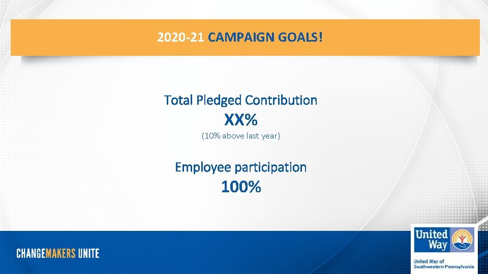 2020 -21 CAMPAIGN GOALS! Total Pledged Contribution XX% (10% above last year) Employee participation