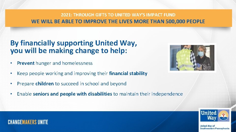 2021: THROUGH GIFTS TO UNITED WAY’S IMPACT FUND WE WILL BE ABLE TO IMPROVE