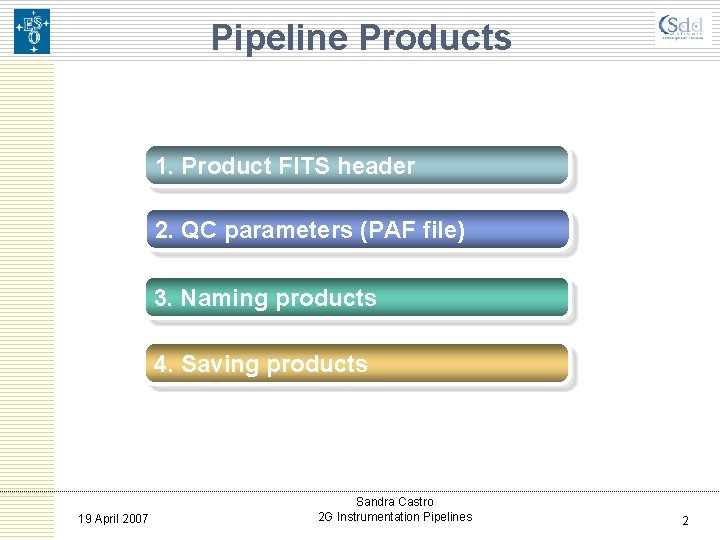 Pipeline Products 1. Product FITS header 2. QC parameters (PAF file) 3. Naming products