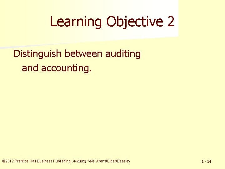 Learning Objective 2 Distinguish between auditing and accounting. © 2012 Prentice Hall Business Publishing,