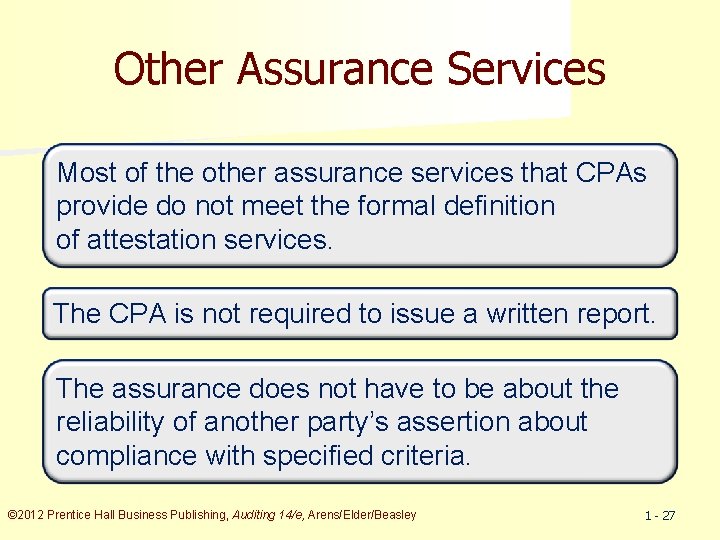 Other Assurance Services Most of the other assurance services that CPAs provide do not