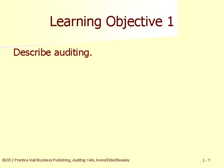 Learning Objective 1 Describe auditing. © 2012 Prentice Hall Business Publishing, Auditing 14/e, Arens/Elder/Beasley