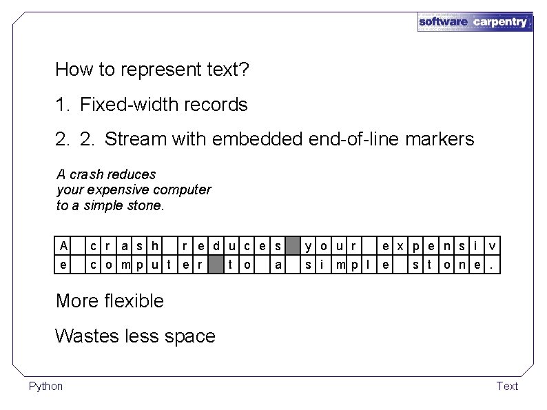 How to represent text? 1. Fixed-width records 2. 2. Stream with embedded end-of-line markers