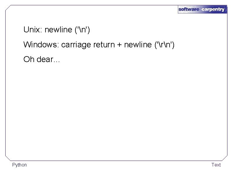 Unix: newline ('n') Windows: carriage return + newline ('rn') Oh dear… Python Text 