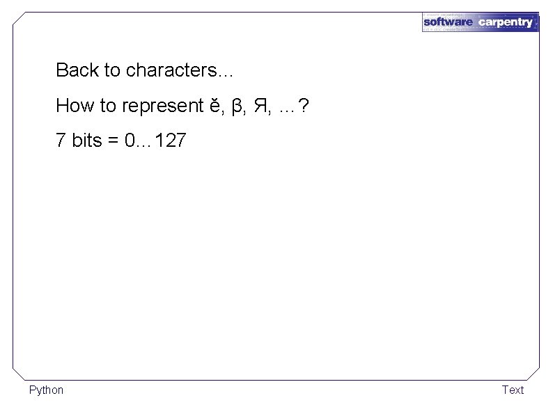 Back to characters… How to represent ĕ, β, Я, …? 7 bits = 0…