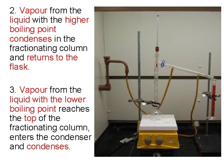 2. Vapour from the liquid with the higher boiling point condenses in the fractionating