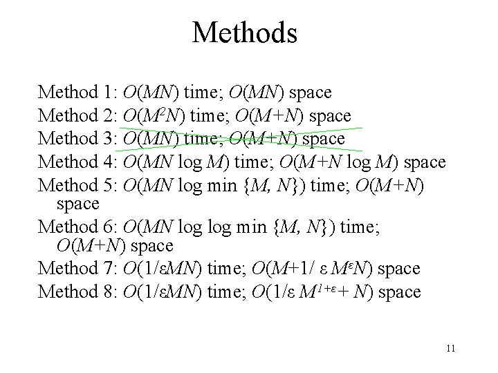 Methods Method 1: O(MN) time; O(MN) space Method 2: O(M 2 N) time; O(M+N)