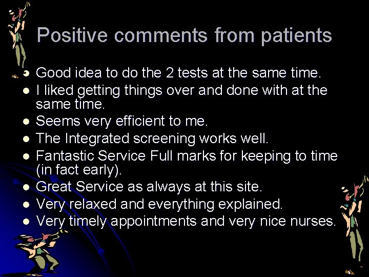 Positive comments from patients l l l l Good idea to do the 2