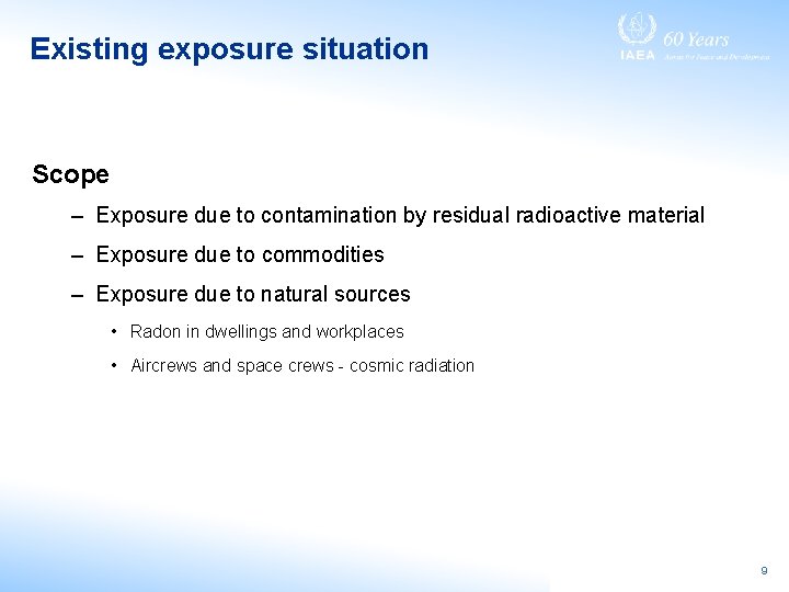Existing exposure situation Scope – Exposure due to contamination by residual radioactive material –