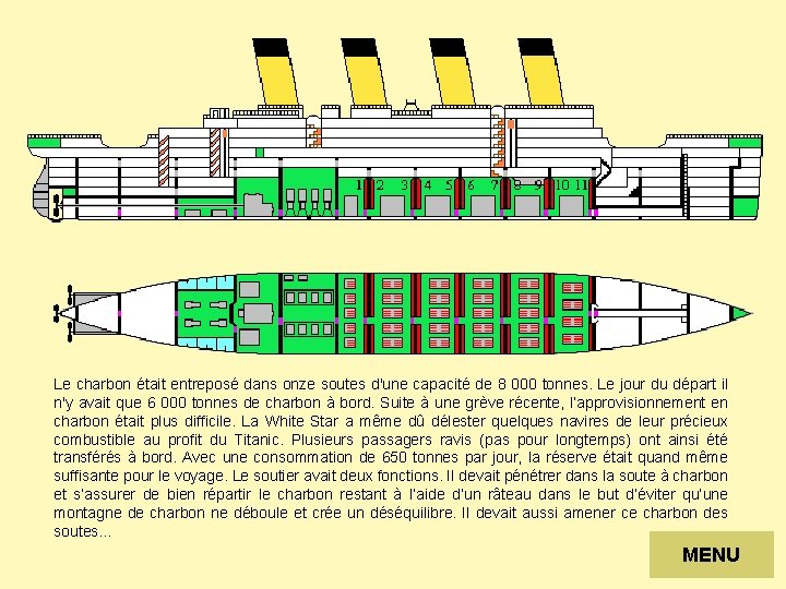 Le charbon était entreposé dans onze soutes d'une capacité de 8 000 tonnes. Le