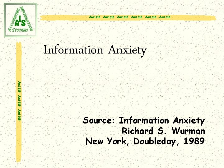 Acct 316 Acct 316 Information Anxiety Acct 316 Source: Information Anxiety Richard S. Wurman