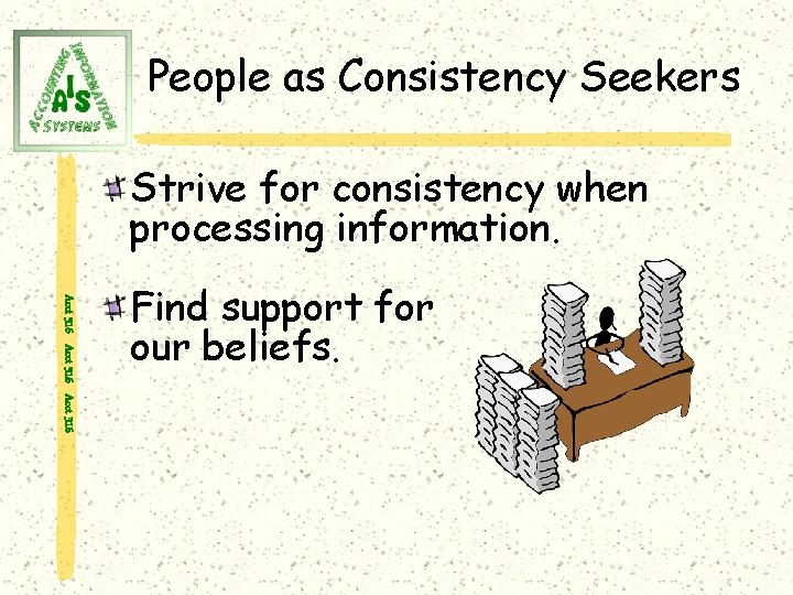 People as Consistency Seekers Strive for consistency when processing information. Acct 316 Find support