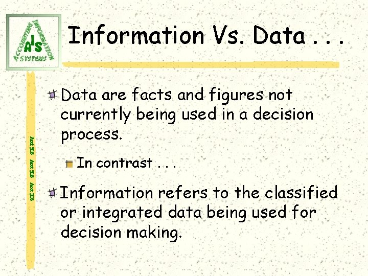 Information Vs. Data. . . Acct 316 Data are facts and figures not currently