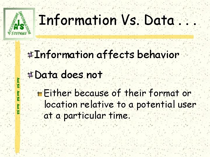 Information Vs. Data. . . Information affects behavior Acct 316 Data does not Either