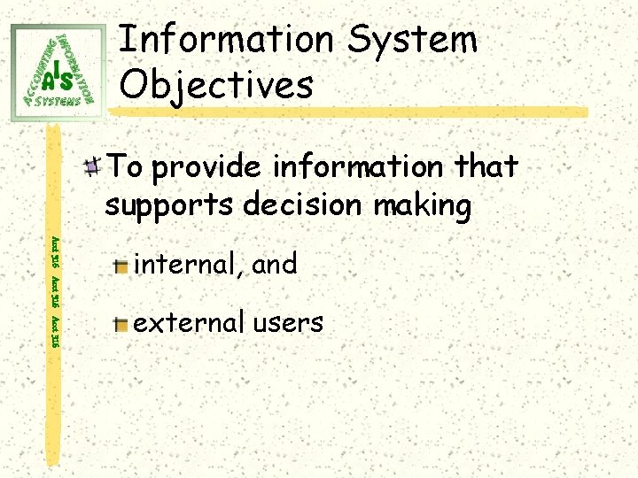 Information System Objectives To provide information that supports decision making Acct 316 internal, and